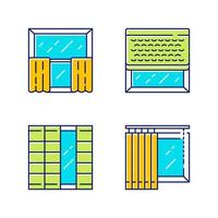 set di icone di colore della decorazione della finestra. tende da bar, tende verticali, tende in legno intrecciato, pannelli shoji. decorazione della casa e dell'ufficio. progettazione degli interni del negozio. illustrazioni vettoriali isolate