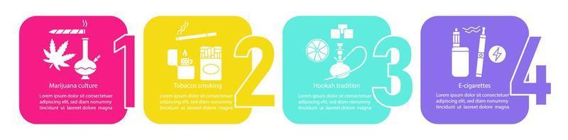 modello di infografica vettoriale fumatori. progettazione di presentazione aziendale. cultura della marijuana, tabacco, sigarette elettroniche, narghilè. visualizzazione dei dati con gradini quadrati. grafico della sequenza temporale del processo. layout del flusso di lavoro