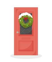 porta rossa con ghirlanda di natale e neve isolata su uno sfondo bianco. buon Natale. vettore