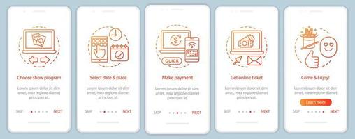 mostra il modello vettoriale della schermata della pagina dell'app mobile di onboarding. pagamento del biglietto online dell'incontro. evento di spettacolo. procedura dettagliata del sito Web con illustrazioni lineari. ux, ui, gui concetto di interfaccia per smartphone