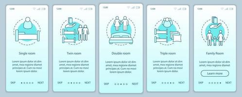 tipi di camere d'albergo onboarding modello di vettore dello schermo dell'app mobile. scegliendo alloggio, appartamento. passaggi del sito web per le camere singole, doppie e matrimoniali. ostello, motel. interfaccia per smartphone ux, ui, gui