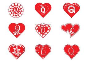 logo della lettera q con icona dell'amore, modello di progettazione di San Valentino vettore