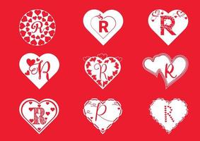 logo della lettera r con icona dell'amore, modello di progettazione di San Valentino vettore