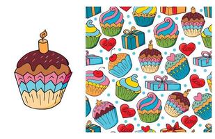 cupcake, muffin. set di elementi e pattern senza soluzione di continuità vettore