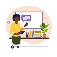 concetto di apprendimento online. insegnante africano alla lavagna, lezione video. studio a distanza a scuola. illustrazione vettoriale. stile piatto. vettore