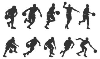collezione silhouette giocatore di basket dribbling vettore