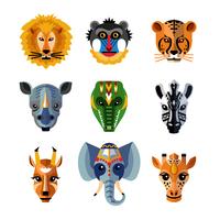 Icone piane di animali africani teste maschere vettore