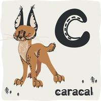 alfabeto con lettere latine in stile scandinavo. c - caracal. alfabeto con simpatici animali per l'educazione dei bambini in colori pastello vettore