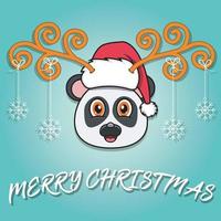 simpatico cartone animato testa di panda natale carta. indossando cappello e Natale divertente. vettore
