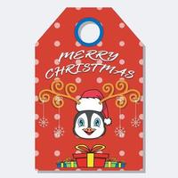 buon natale felice anno nuovo etichetta etichetta disegnata a mano con simpatico design del personaggio testa di pinguino. vettore