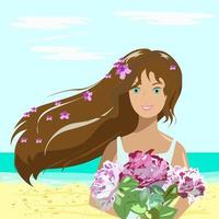 ragazza con fiori sulla spiaggia in riva al mare vettore