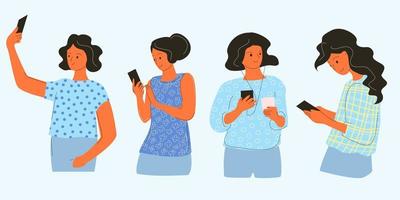 donne con smartphone in mano. scattare selfie, ascoltare musica e altro ancora. vettore