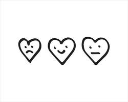 il carattere del cuore scarabocchio con varie espressioni. le emoticon d'amore che sono tristi, sorridenti e piatte. l'illustrazione vettoriale disegnata a mano per dare il tasso di feedback.