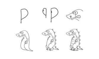 come si disegna un coccodrillo da p passo dopo passo. attività facile e divertente per lo sviluppo e la creatività dei bambini. tutorial di disegno di animali e oggetti dalla serie di alfabeto nell'illustrazione vettoriale. vettore