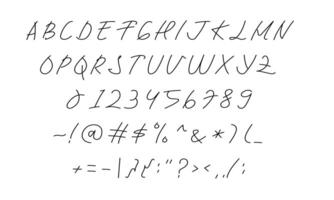 carattere di scrittura a mano in grafica vettoriale. alfabeto maiuscolo e regolare, illustrazione di lettere numeriche e simboli per libri, note, riviste, poster, ecc. tipografia moderna scritta a mano. vettore