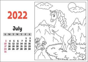 calendario per il 2022 con un simpatico personaggio. fata unicorno. pagina da colorare. design divertente e luminoso. illustrazione vettoriale di colore isolato. stile cartone animato.