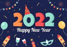 felice anno nuovo 2022 modello design piatto illustrazione con nastri e coriandoli su uno sfondo colorato per poster, brochure o banner vettore