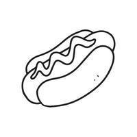 illustrazione disegnata a mano di un hot dog. un alimento illustrato in uno schema. disegno incolore del piatto occidentale per il design di elementi decorativi. vettore