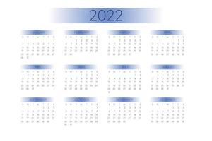 Modello di calendario tascabile 2022 in rigoroso stile minimalista con elementi sfumati, formato orizzontale. la settimana inizia di domenica vettore