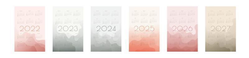 2022 2023 2024 2025 2026 2027 set di calendari con forme astratte sfumate alla moda vettore
