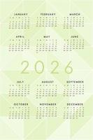 calendario 2026 verde chiaro su sfondo con moderni triangoli a mosaico. design del calendario verticale per la stampa e il web. la settimana inizia di domenica vettore