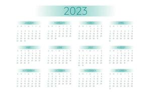 Modello di calendario tascabile 2023 in rigoroso stile minimalista con elementi sfumati verde acqua, formato orizzontale. la settimana inizia di domenica vettore