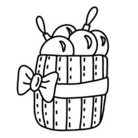 cesto decorato con fiocco in nastro pieno di palline di natale illustrazione scarabocchio disegnata a mano vettore