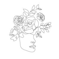 vettore donna viso linea arte illustrazione, logo con fiori e foglie, concetto di natura femminile. utilizzare per stampe, tatuaggi, poster, tessuti, loghi, cartoline ecc. monolinea, linea continua.