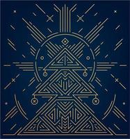 vettore buon natale e felice anno nuovo biglietto di auguri d'oro. Cartolina di Natale geometrica art deco su sfondo blu navy. albero di natale lucido lineare