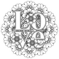 parole d'amore con fiori mehndi per la pagina del libro da colorare doodle ornamento vettore