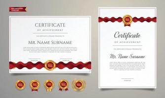 certificato di diploma di lusso in oro e rosso con distintivo e modello di bordo vettore