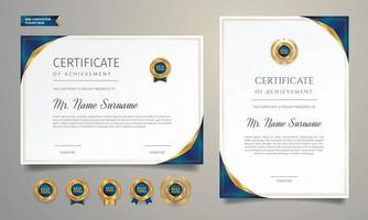 certificato di diploma blu e oro di modello di confine di apprezzamento con badge di lusso vettore