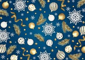 buon Natale e Felice Anno nuovo. sfondo festivo di Natale con oggetti 3d realistici, palline blu e oro. vettore