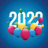 palloncini colorati di felice anno nuovo con 2022 su sfondo bianco e blu vettore