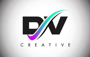 logo della lettera dv con linea curva swoosh creativa e carattere audace e colori vivaci vettore