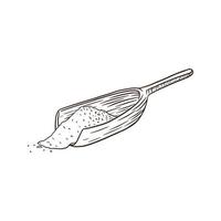 paletta di legno con polvere bianca. illustrazione incisa. cucchiaio disegnato a mano con grani bianchi per logo, ricetta, stampa, adesivo, design e decorazione di menu da forno vettore