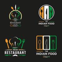 logo del ristorante di cibo indiano. simbolo della bandiera dell'india con icone di cucchiaio, forchetta, baffi e coltello. logo premium e di lusso vettore