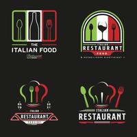 logo del ristorante di cucina italiana. simbolo della bandiera italiana con icone di cucchiaio, forchetta e bottiglia di vino vettore