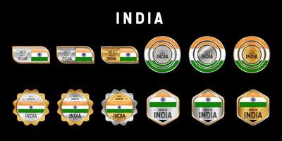 Made in India etichetta, timbro, distintivo o logo. con la bandiera nazionale dell'india. sui colori platino, oro e argento. emblema premium e di lusso vettore