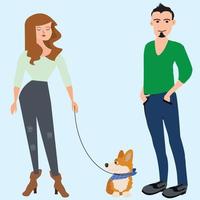 felice uomo e donna e concetto di amore simpatico cane da compagnia. illustrazione vettoriale in stile piatto