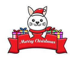 simpatico coniglio cartone animato con nastro di auguri di Natale vettore
