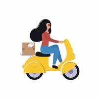 consegna espressa di ordini di cibo, articoli postali in giro per la città su uno scooter. una ragazza delle consegne guida un motorino con un pacco. personaggio piatto vettoriale femminile per il servizio di consegna.