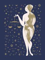 Libra. una donna nuda tiene in mano una bilancia. illustrazione vettoriale. vettore