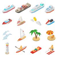 Set di icone di vacanza di navi e spiaggia vettore