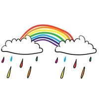 simpatico scarabocchio vettoriale arcobaleno con nuvole piovose