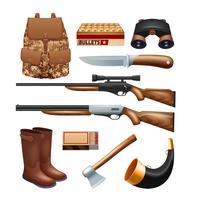 Set di icone di attrezzatura e attrezzatura da caccia vettore