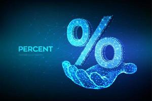 segno di percentuale. Simbolo di percentuale astratto poligonale basso 3d a disposizione. concetto di business di banca, calcolo, sconto. triangolo geometrico basso poli, linee, punti, su sfondo blu. illustrazione vettoriale. vettore