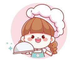 ragazza carina chef con vassoio piatto piatto banner logo fumetto illustrazione arte vettore