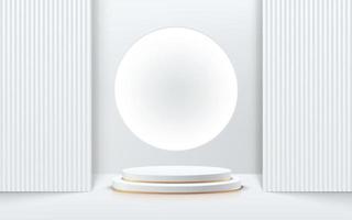 podio con piedistallo cilindrico 3d realistico bianco e oro con sfondo cerchio illuminato. stanza studio astratta di vettore con piattaforma geometrica. scena minimal argento per vetrina prodotti, display promozionale