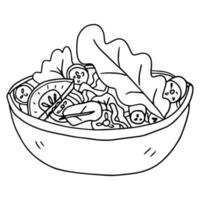 ciotola di insalata di doodle disegnato a mano del fumetto.